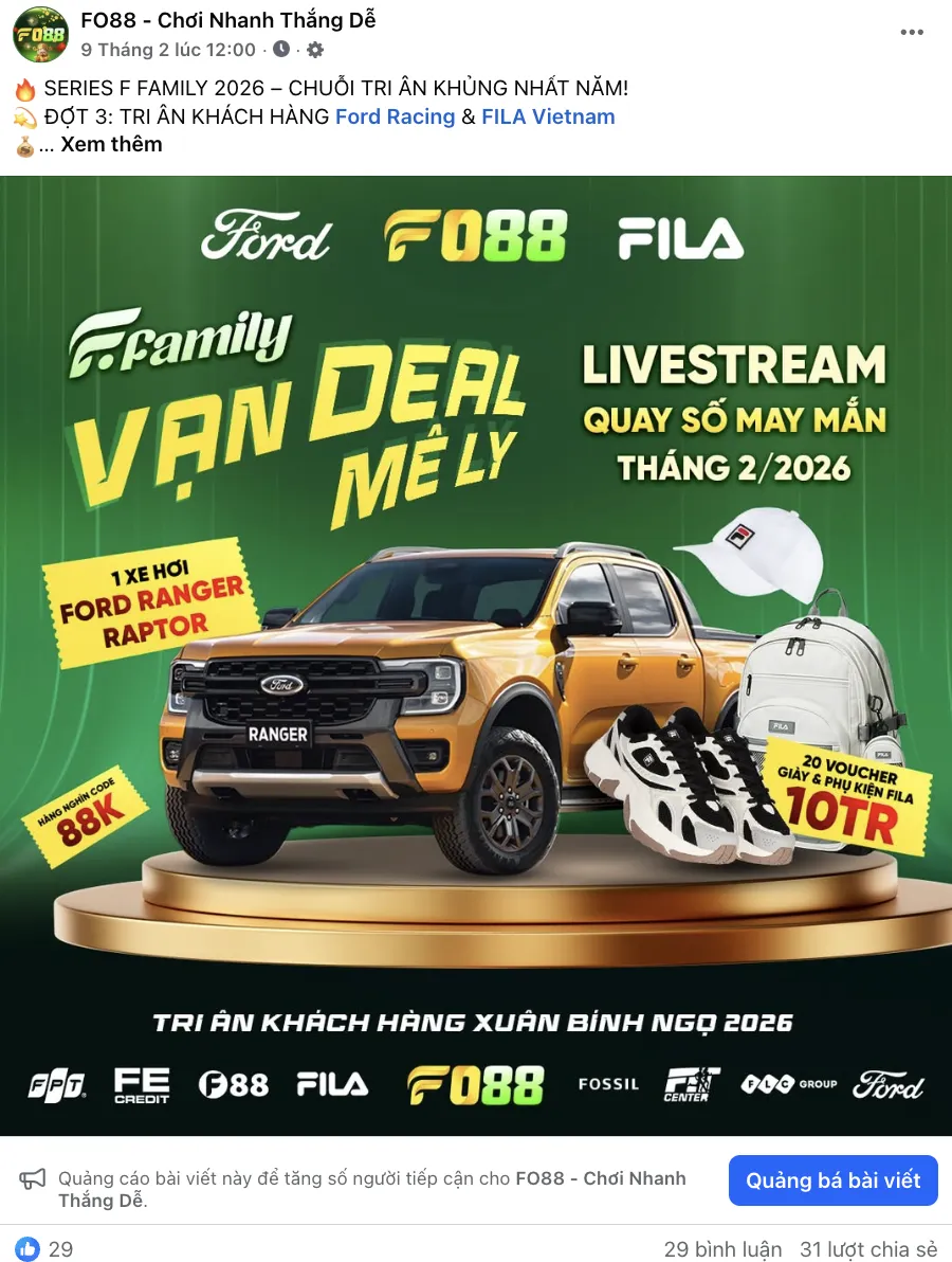 Các giải thưởng trong đợt 3 chương trình "F Family" bao gồm xe Ford Ranger Raptor trị giá 2 tỷ đồng và 20 voucher Fila 10 triệu đồng được FO88 công bố trên fanpage chính thức.